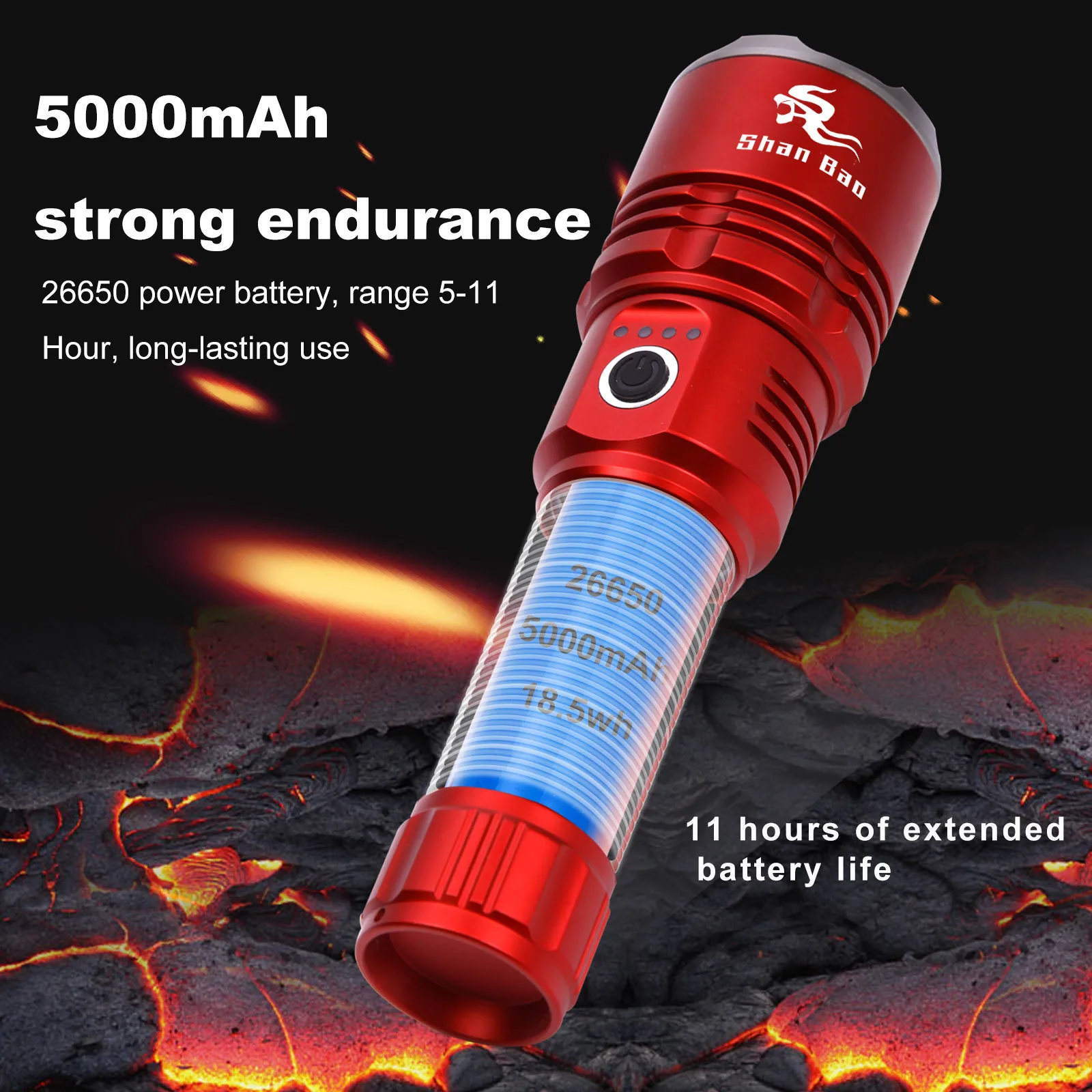 Shan Bao Red Outdoor Camping Ultra-bright Powerful Sturdy Zoomable Flashlight Includes 3000mAh battery No focus lens