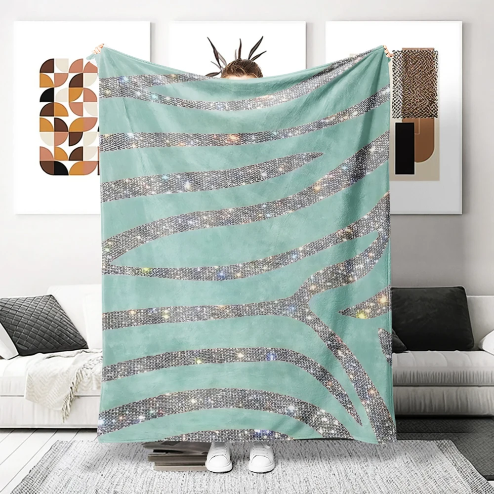 Mint Silver Glitter Zebra Flannel Blanket Perfect For Sofa Office Bed Travel Sleep Read Relax Camping Four Season Use