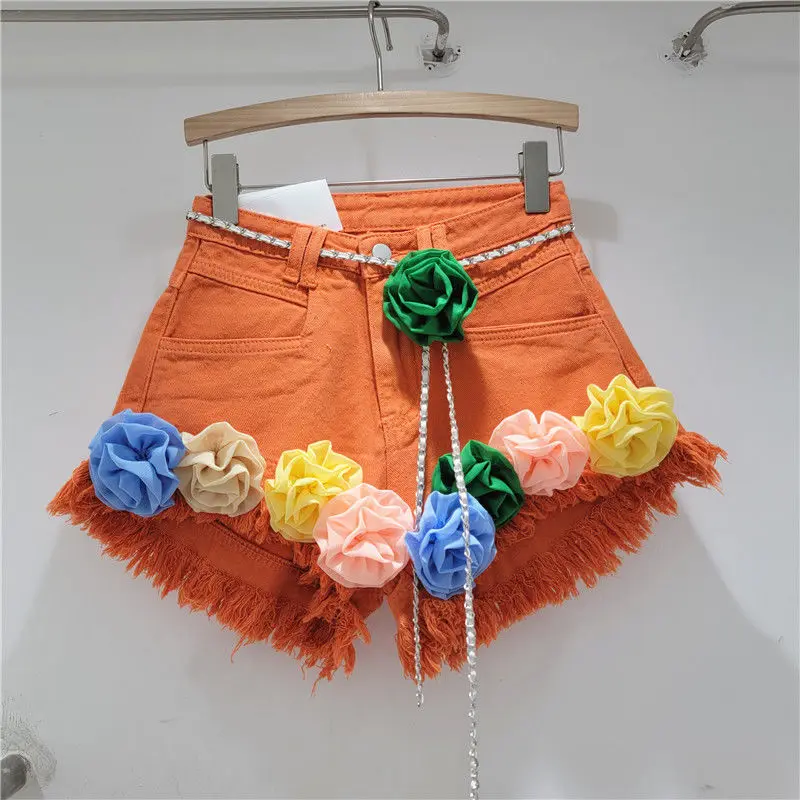 Handmade 3D Flowers Slim Denim Shorts Women Summer Autumn High Waist Short Jeans Trousers Floral Embroidery Pantalones