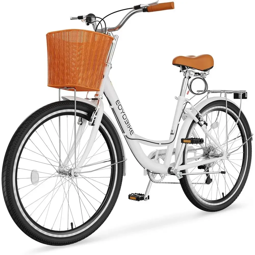 7-Speed Women's Step-Through City Bike, 24/26 Inch, Beach Cruiser with Basket & Rear Rack, Comfort Commuter, 350 lbs Capacity