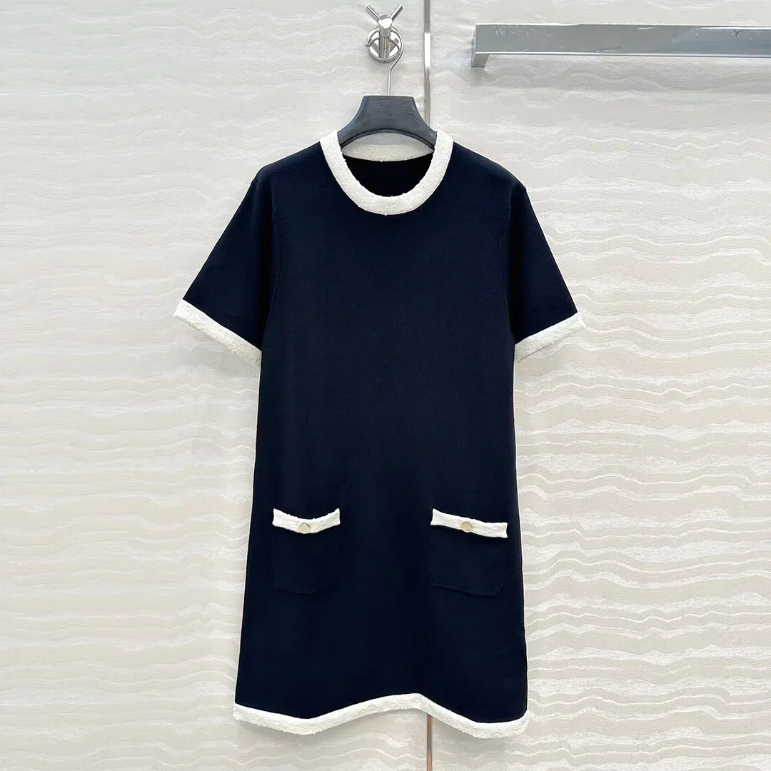 

2025 New Summer Fashion Preppy Style Knitted Dress Women White Striped Patchwork O-neck Short Sleeve Straight Black Cute Dresses