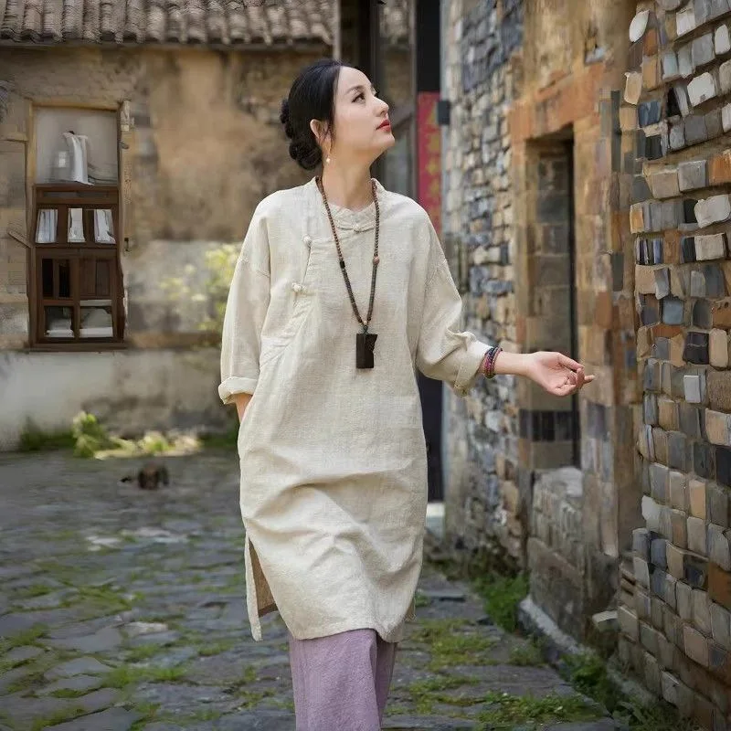 New Chinese Style Cotton Linen Shirt Collar Long Sleeve Qipao Dress Women's Retro Button Modified Version Full Length Gown