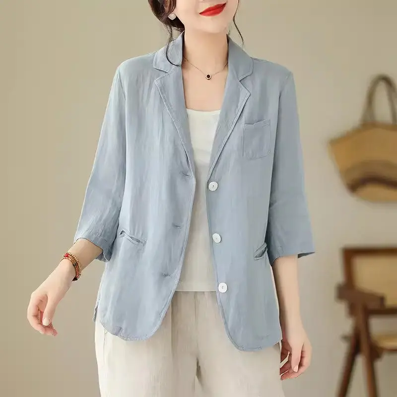 2024 Spring/Summer Jacket Blazer Retro Style 3/4 Sleeved Casual Coat Loose Art Cotton Linen Clothes Women\'s Tops K793