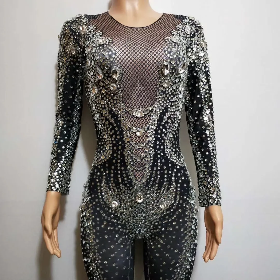 Luxury Rhinestones Black Jumpsuit Women Evening Prom Party Birthday Celebrate Drag Queen Outfit Stage Wear Long Sleeve