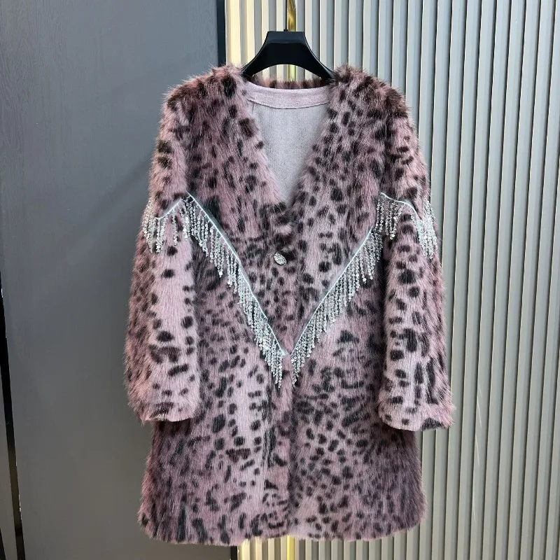 Faux Fur Leopard Print Coat 2025 Winter New Women's Long Fashion Tassel Elegant Slimming Shearling One-Piece Furry Jacket Female