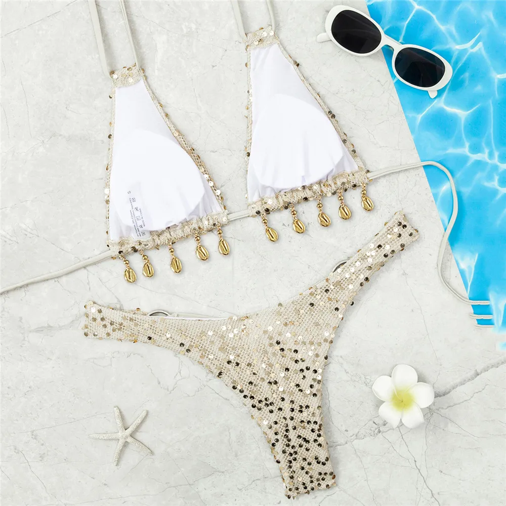 2026年 スパンコール シェル水着 ストリング ホルター セクシー マイクロビキニ ショーツセット 水着 レディース メタルリング 水着 ビキニ デ ムヘール