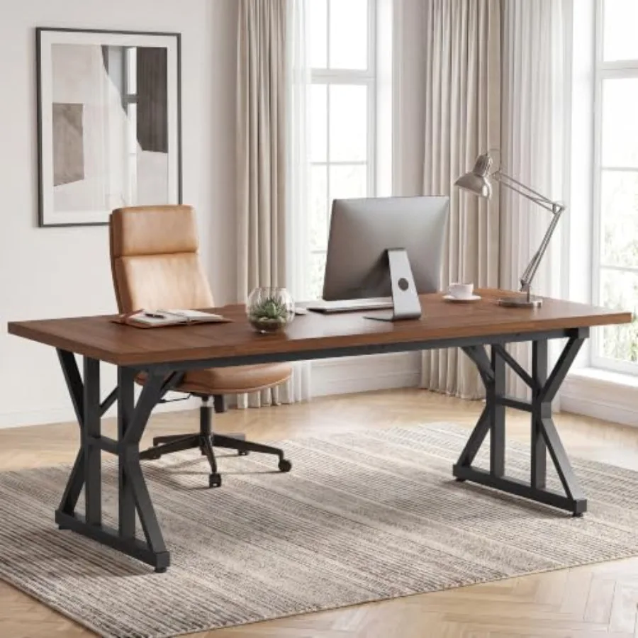 71 Inch Executive Desk for Home Office, Solid Wood Desktop in Matte Black, Heavy Duty Metal Legs, Modern Industrial Style with