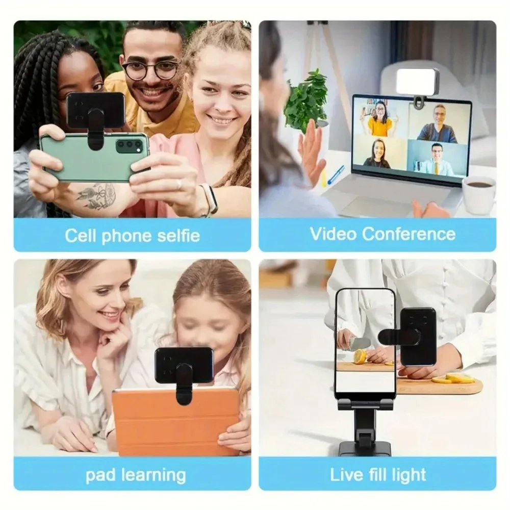 Mini lampka selfie LED z 3 trybami kolorów, regulacją jasności, ładowalna, klips na telefony komórkowe, komputery, do fotografii.