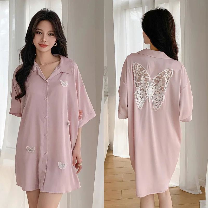 

Sexy Butterfly Lace Sleepshirt Nightgown Spring Summer Satin Mini Nightdress Lingerie Loose Casual Female Homewear Lounge Wear