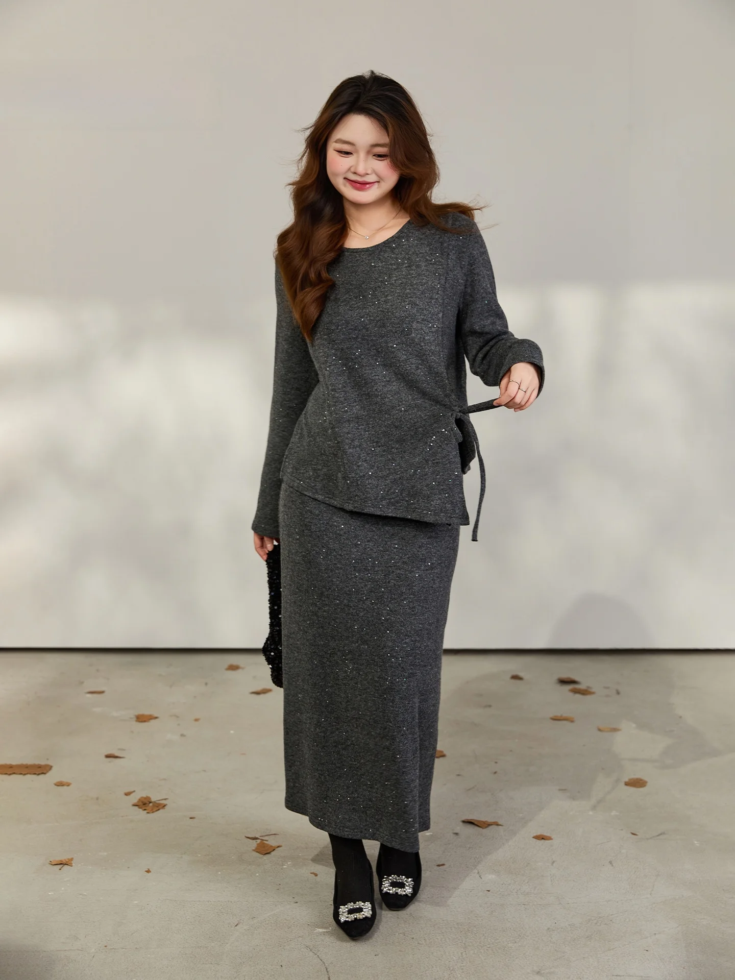 

Comfortable plus Size Casual Outfit DM100 Women's Fashion Spring Set Shoulder Width Accurate Straight Leg Long Sleeve Dress