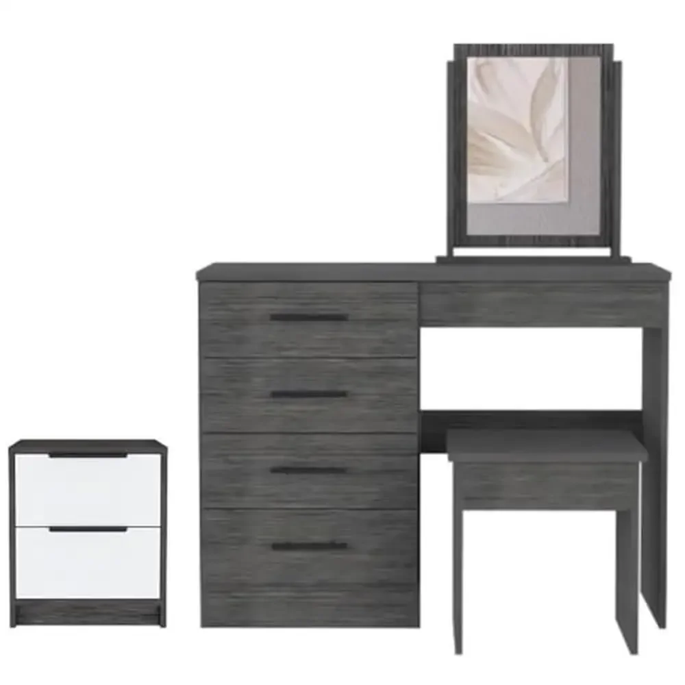 Makeup Dressing Table Set with Nightstand Smokey Oak/Grey Superior Top/Mirror 4 Drawers Bedroom Furniture Medium Size Modern