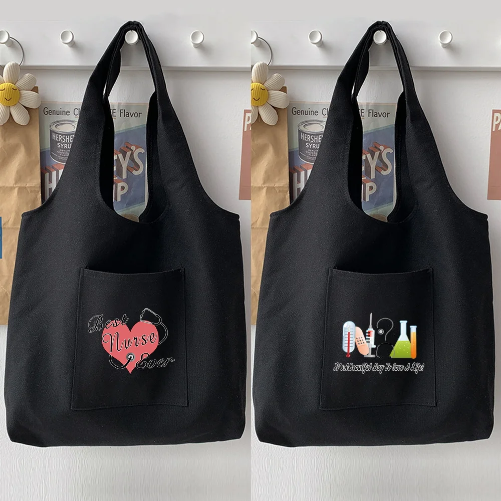 Casual Cartoon Black Shoulder Bag Woman Handbag Cute Little Nurse Pattern Printing Basic Tote Bag Canvas Trend Soft Commuter Bag