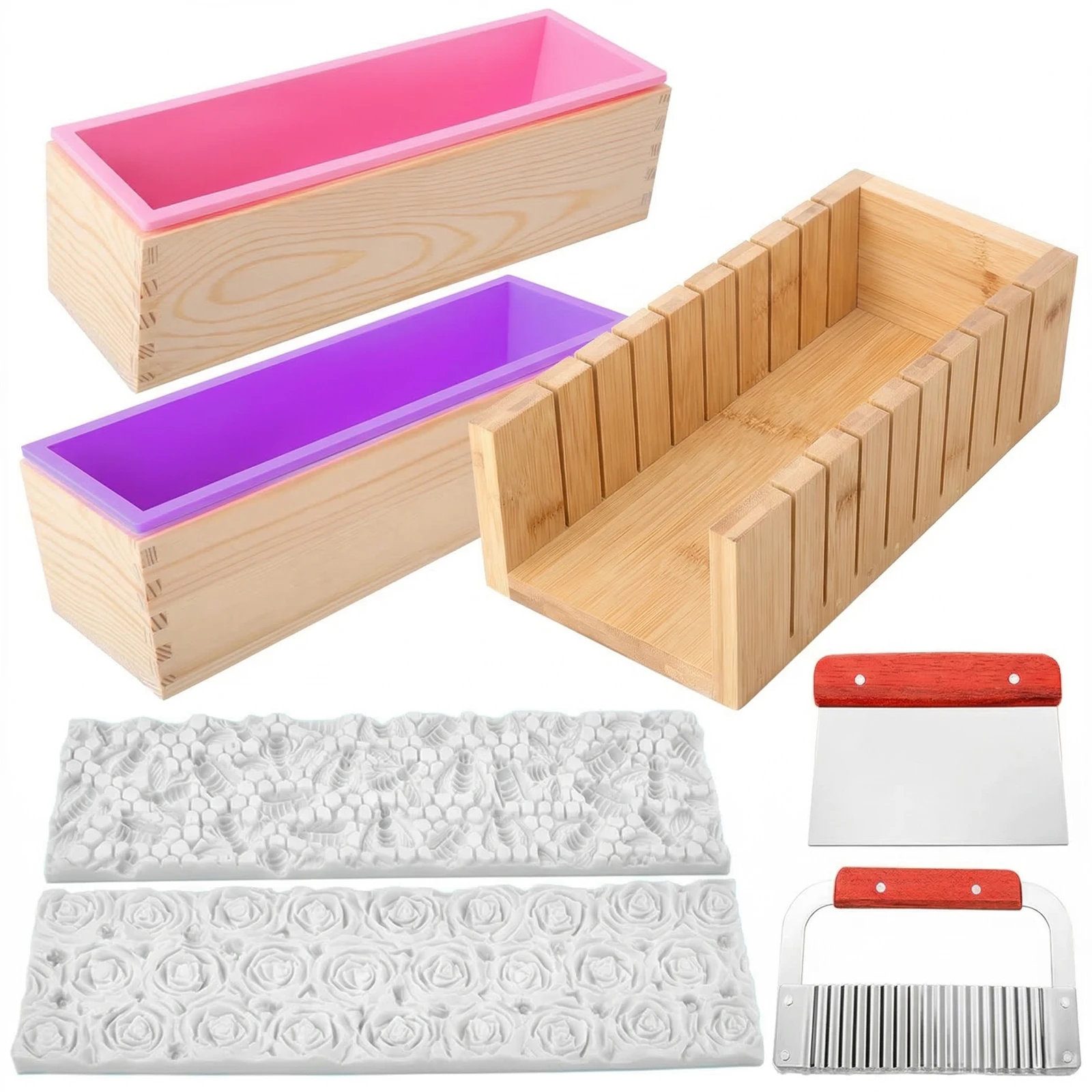 

Набор силиконовых форм для мыла с деревянным контейнером для резаков, инструменты для изготовления мыла своими руками с тиснением в виде розы/соты, принадлежности для мыловарения