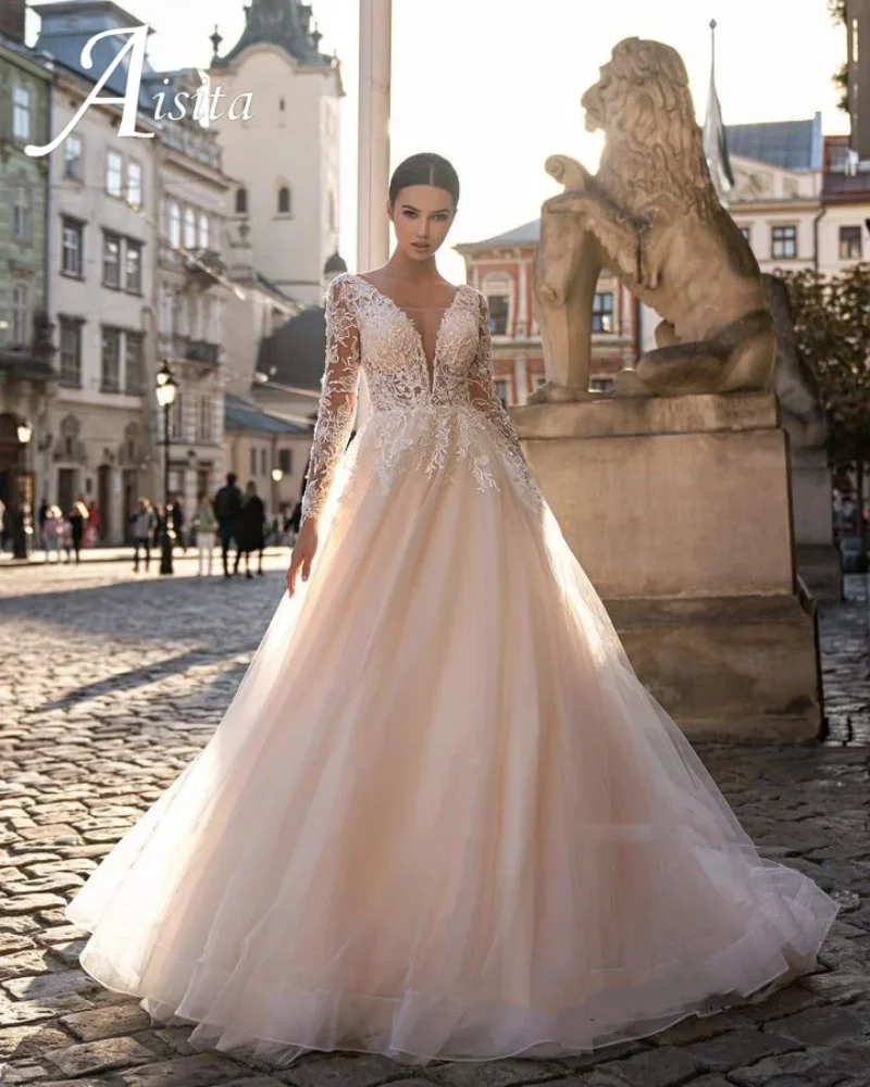 

Длинные свадебные платья трапециевидной формы из тюля с длинными рукавами и кружевными аппликациями, свадебное платье с открытой спиной, 2025 г., платье невесты в стиле бохо, платья de novia