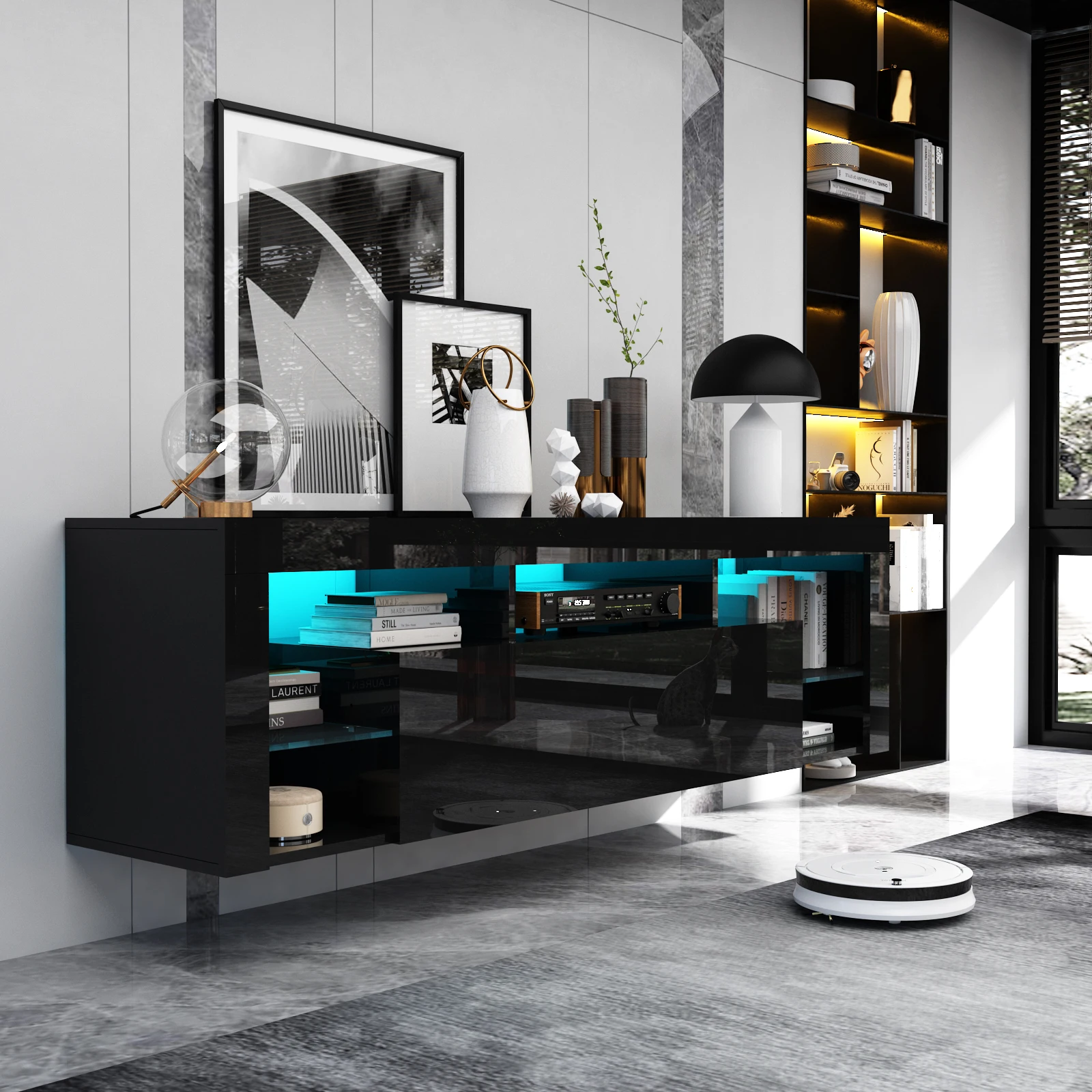 63" Floating TV Stand for 60" TV, LED TV Cabinet w/Power Outlets, Storage and Shelf, Gloss Media Console Table 2
