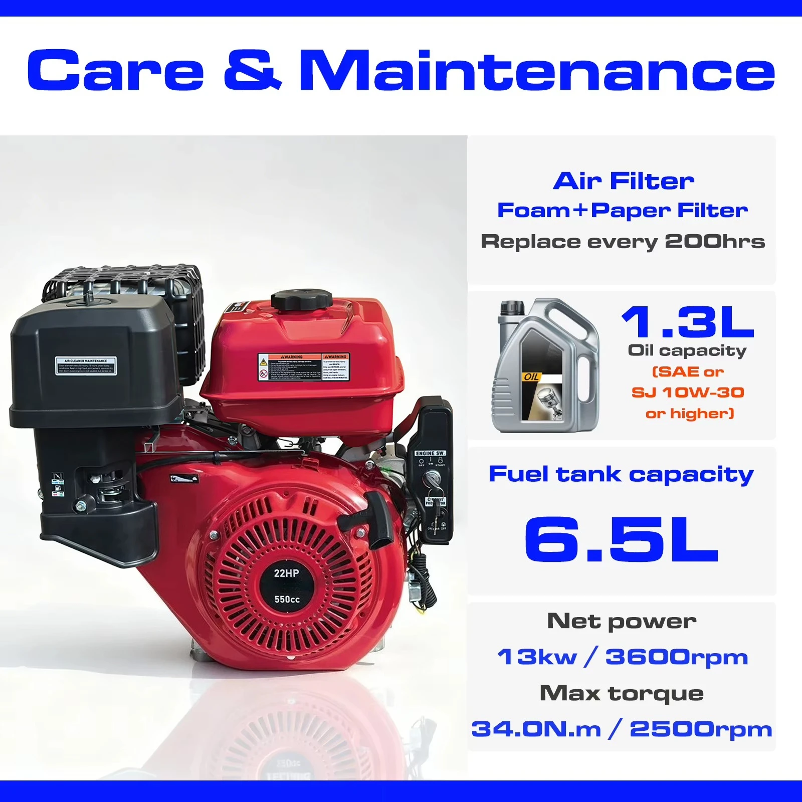 22HP Single Cylinder 4-Stroke  Engine 550cc Water-Cooled Recoil Start Euro 5