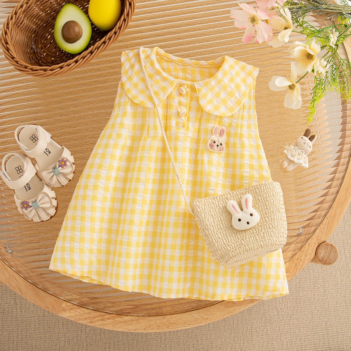 Baby Dresses Summer Plaid And Cartoon Bunny Ears Pattern Doll Neck Girls Dress Cute Casual Vacation Girl Kid's Dress With Bag