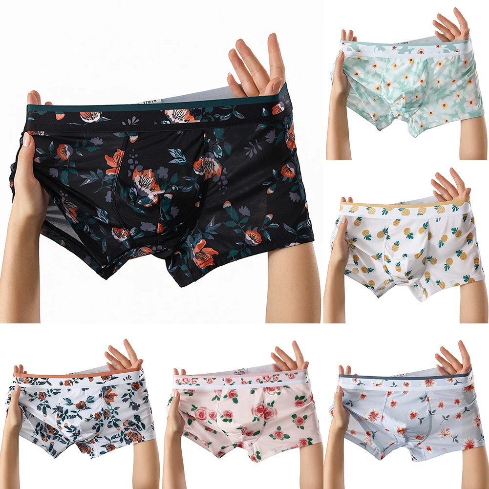 Men Trunks Flowers Printed Ice Silk Boxer Briefs Summer Quick-Drying Underwear Bulge Pouch Underpants Translucent Panties