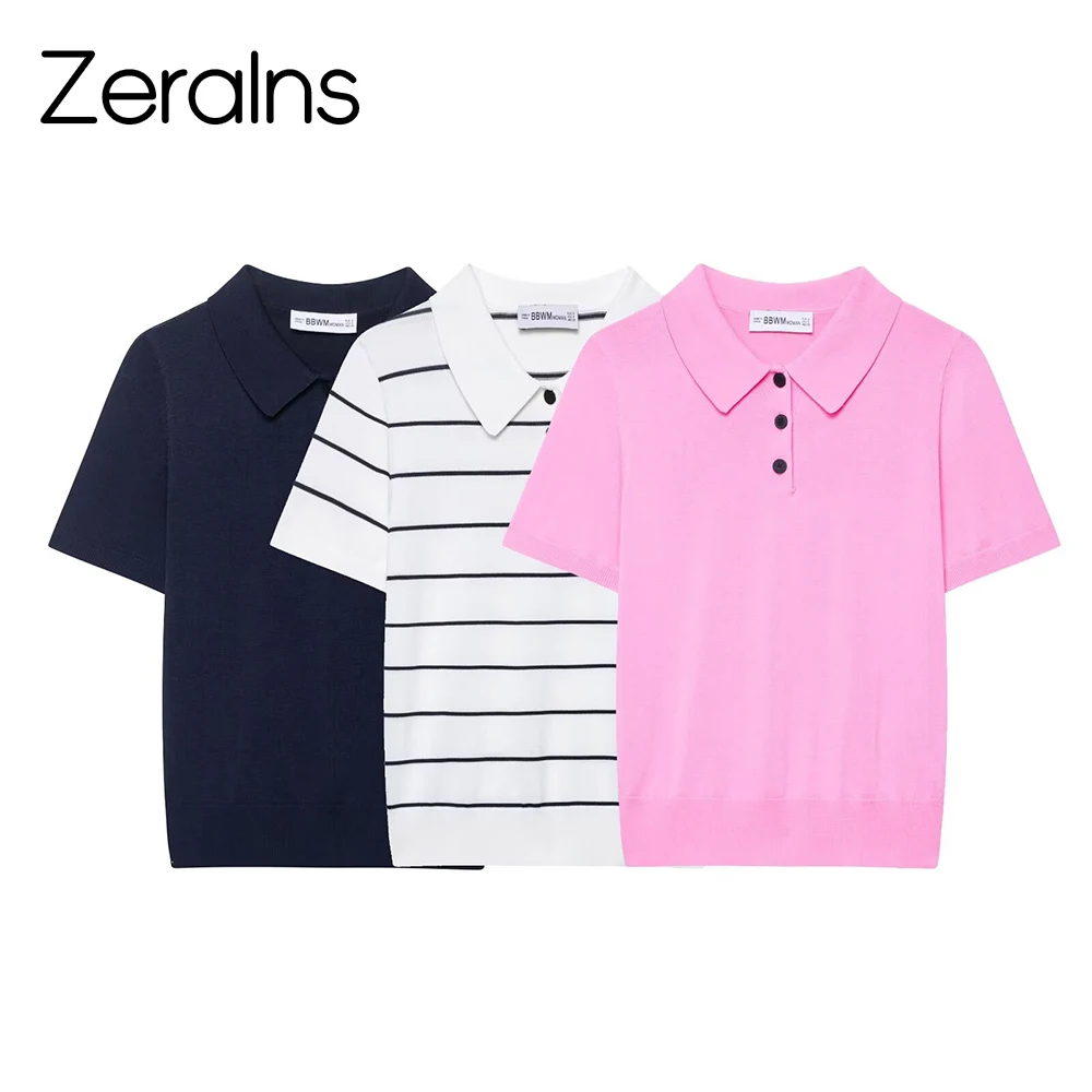 ZERAINS Eisseide gestricktes Kurzarm-T-Shirt für Damen im Sommer im koreanischen Stil, lockeres und elegantes kurzes Oberteil mit POLO-Kragen