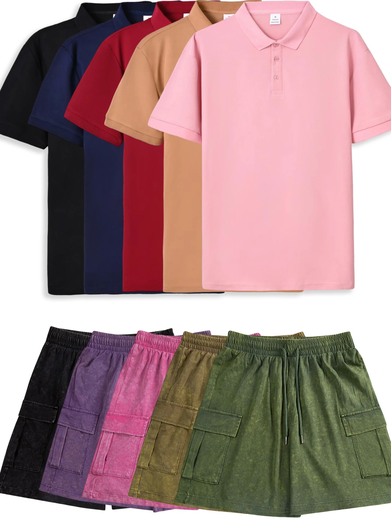 

2025 Summer New Men's Casual Polo Shirt Shorts Set Solid Color Comfortable Breathable Short Sleeve Loose Outdoor Sports Shorts