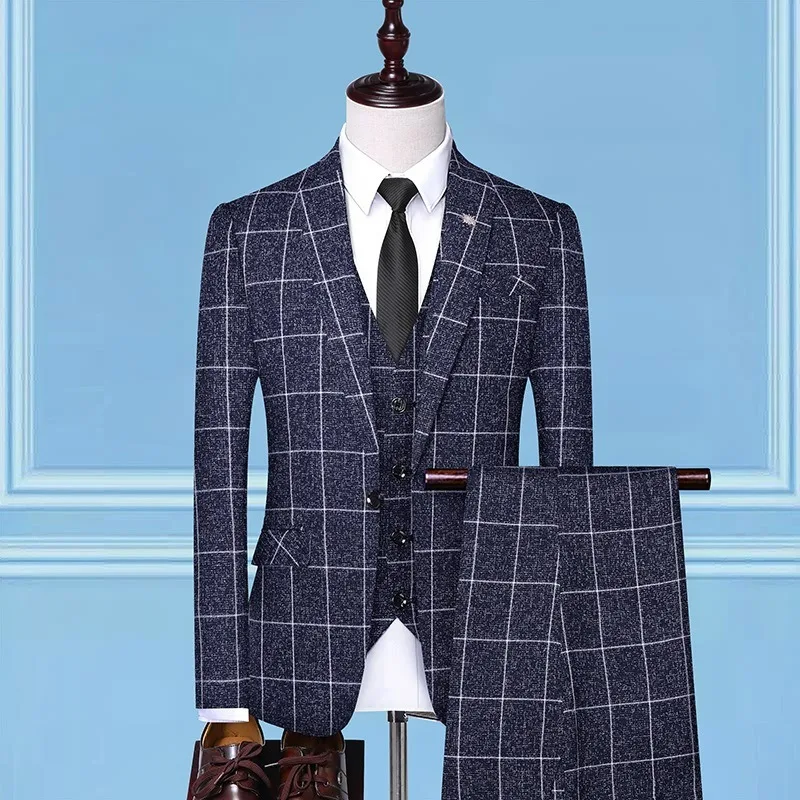 

KIDWHXR Men 3-piece Set Plaid Single-breasted Blazer Male V-neck Vest Straight-leg Pant Man Stylish Elegant Wedding Suit Outfit