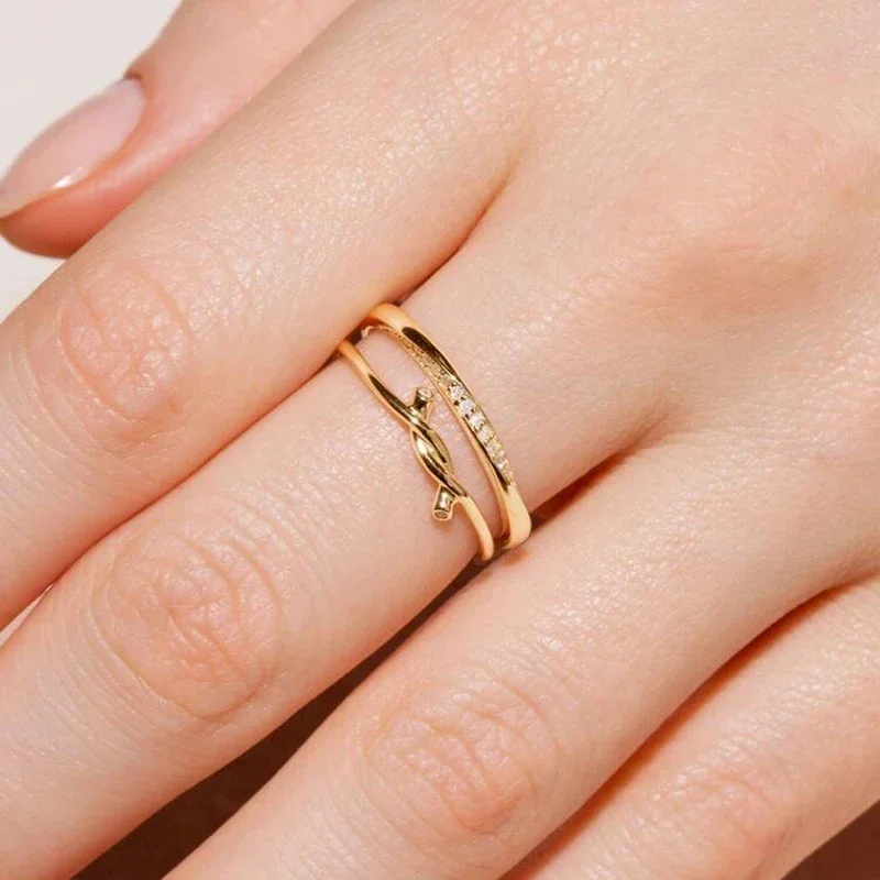 925 Sterling Silver Thin Finger Band Micro Pave 2 Clear CZ Barbed Wire Knot Rings Gold Color Vermeil Dainty Jewelry for Women