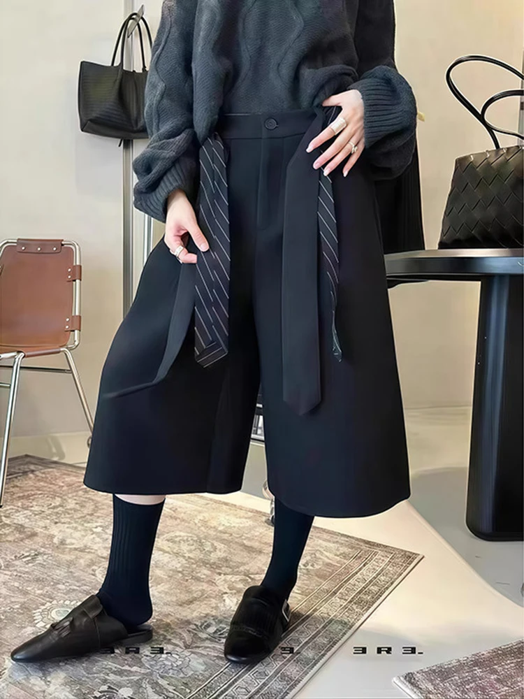 

Black woolen seven quarter pants winter 2025 new with belt loose and high-end solid color straight leg wide leg pants