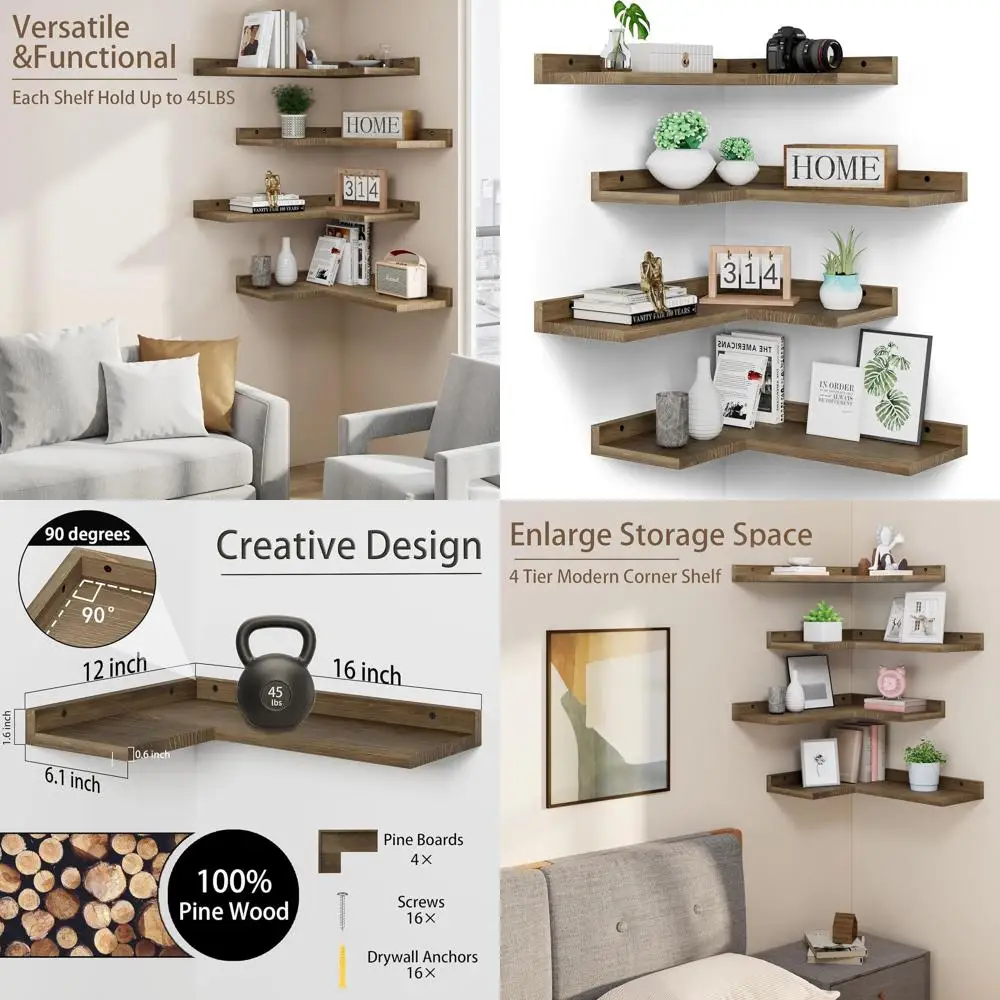 

Set of 4 Rustic Pine L-Shaped Floating Wall Shelves for Home Storage and Décor in Light Brown