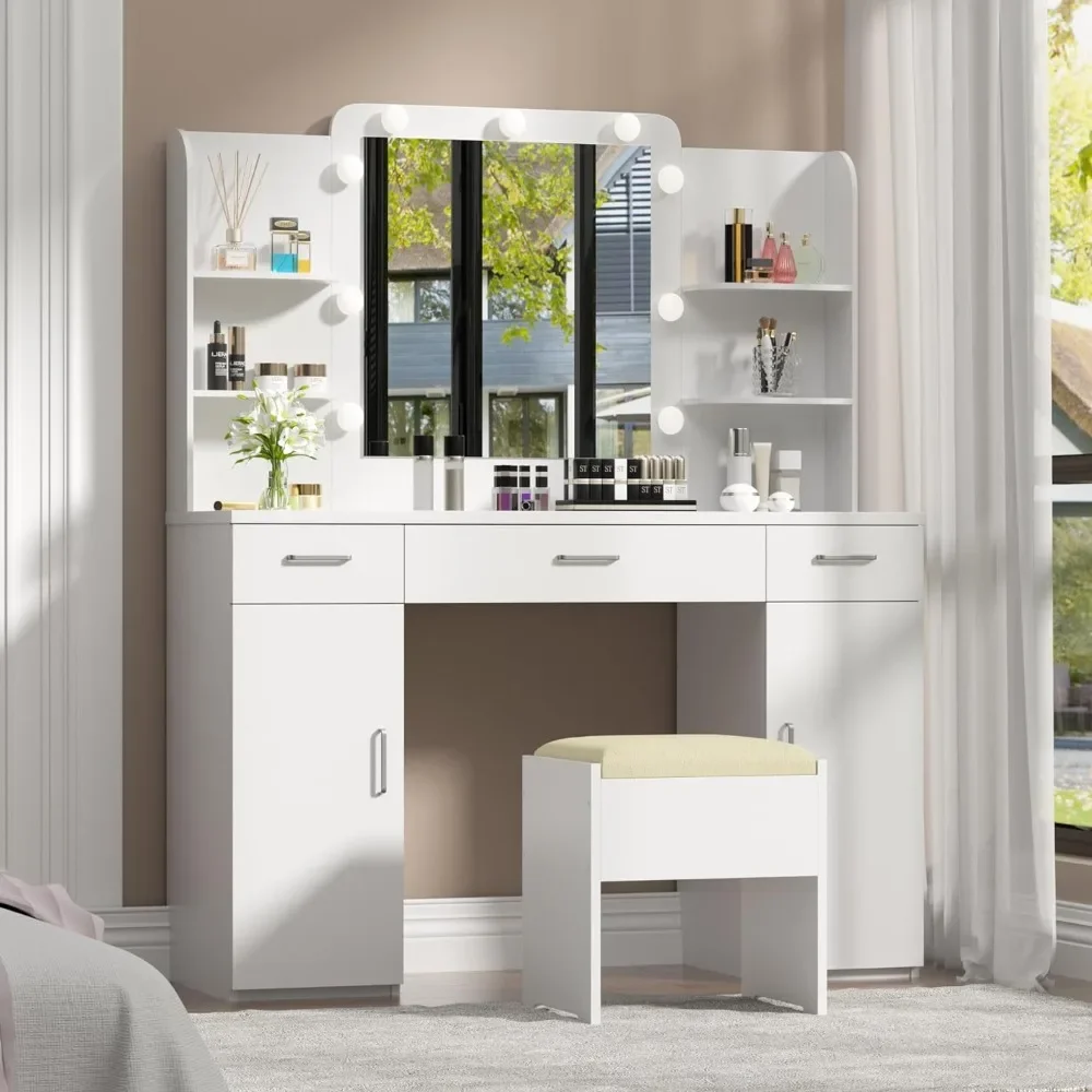 

Vanity Desk with Mirror and Lights, 45.3" Vanity Set with Mirror and Stool, Large Makeup Vanity with Drawers and Cabine