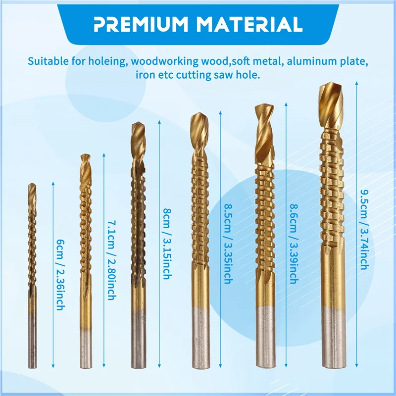 ABRB-6개 티타늄 드릴 톱날 세트, HSS 톱니형 비트 구멍 드릴링, 3-8mm 목공용 톱날 드릴 비트 키트