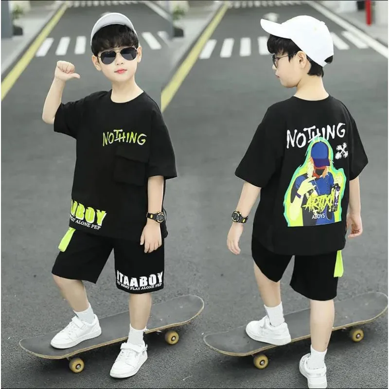 Vestito estivo per bambini manica corta Hip Hop + pantaloni 2 pezzi abbigliamento sportivo in cotone per bambini Set di abbigliamento per ragazzi