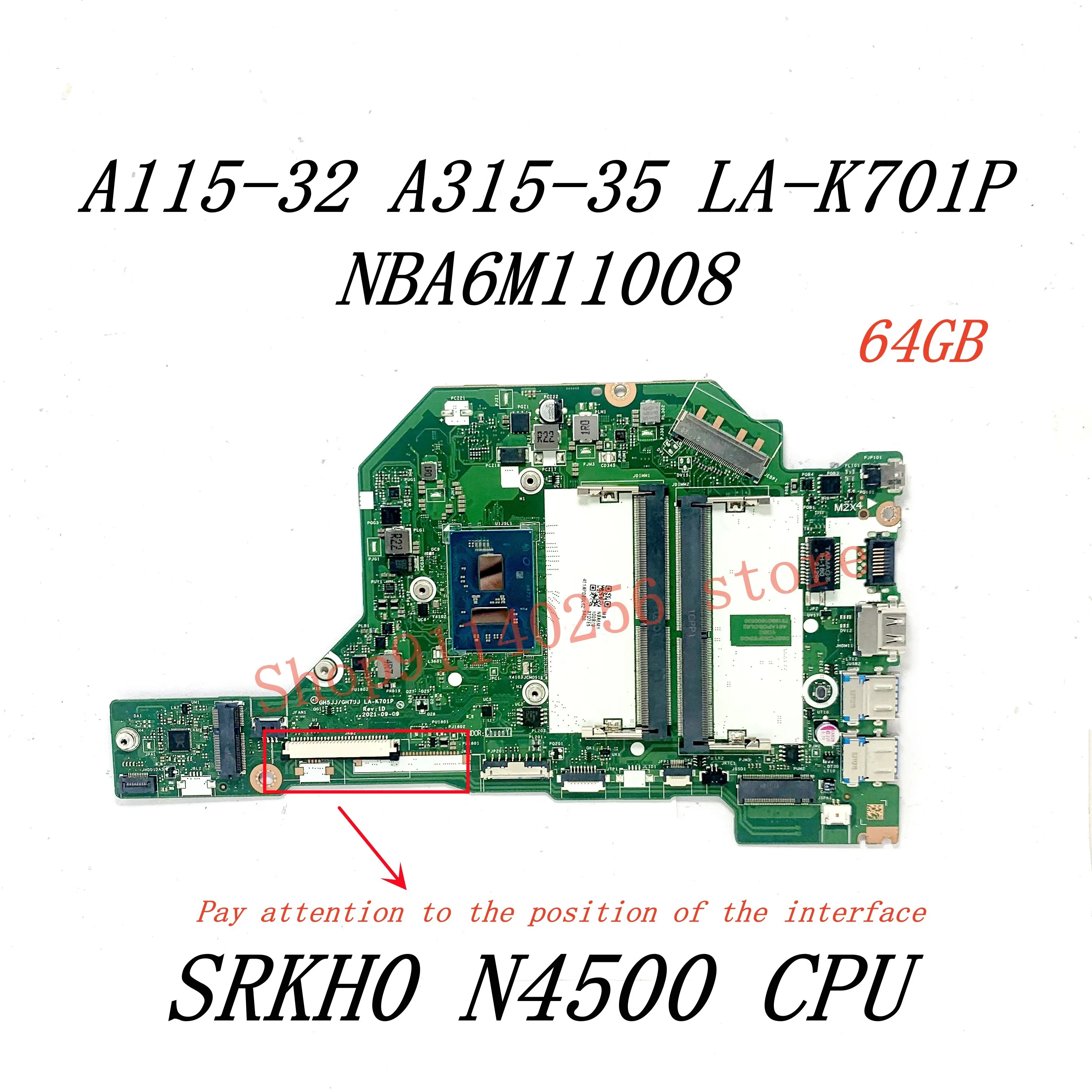 LA-K701P For Acer A115-32 A315-35 Laptop Motherboard NBA6M11008/NBA6M11004/NBA6W11003 64GB/128GB With SRKH0 N4500 CPU 100%Tested