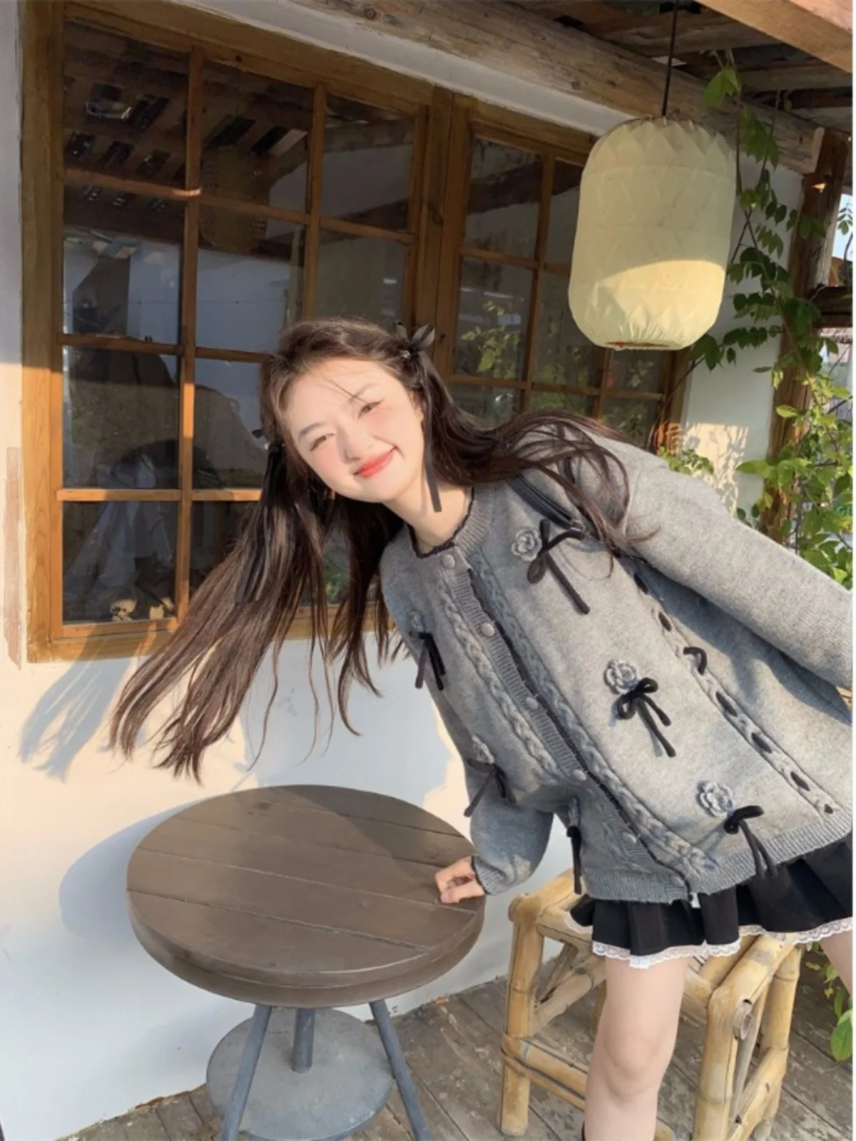 Chic O-Collo 3d Fiore Fiocco Cardigan di lavoro a maglia Abbigliamento da donna Dolce Ragazze Patchwork Maglione Maglieria casual Pullover grigio Top