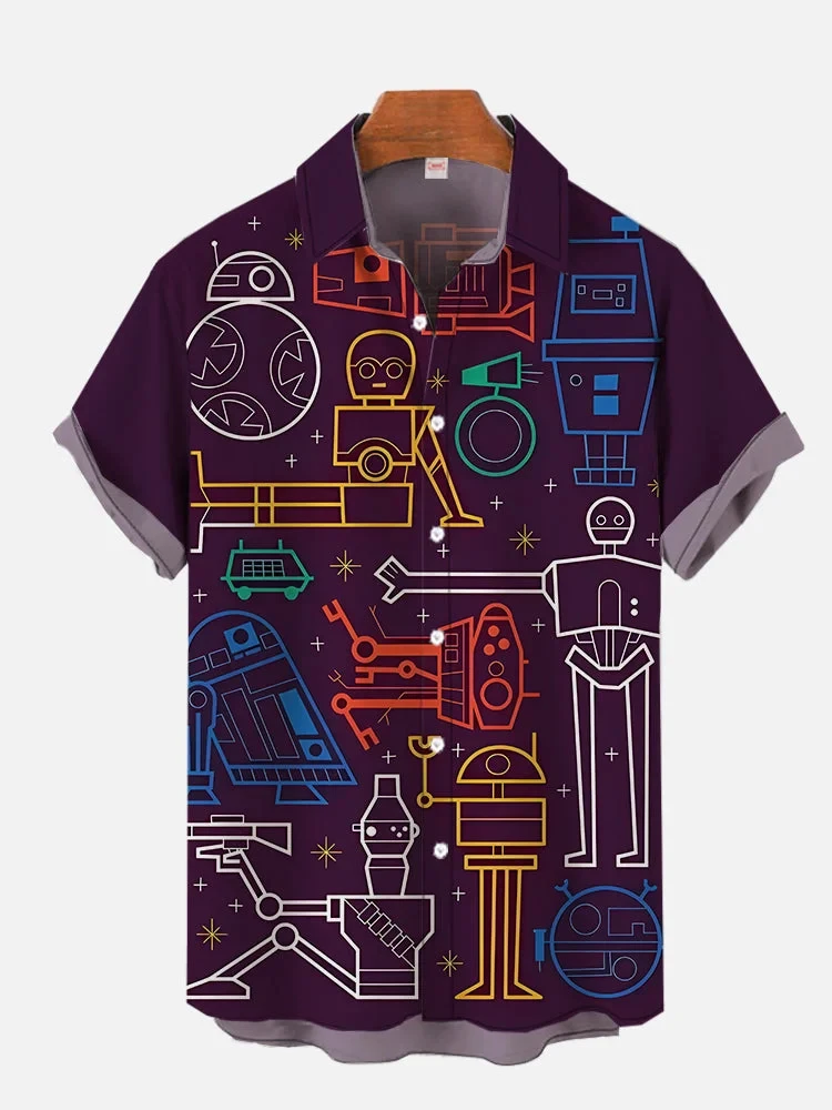 Retro Line Art Robot Astronaut Machine Star Pattern Unisex Short Sleeve Blouse Camp Collar Loose Vacation Shirt