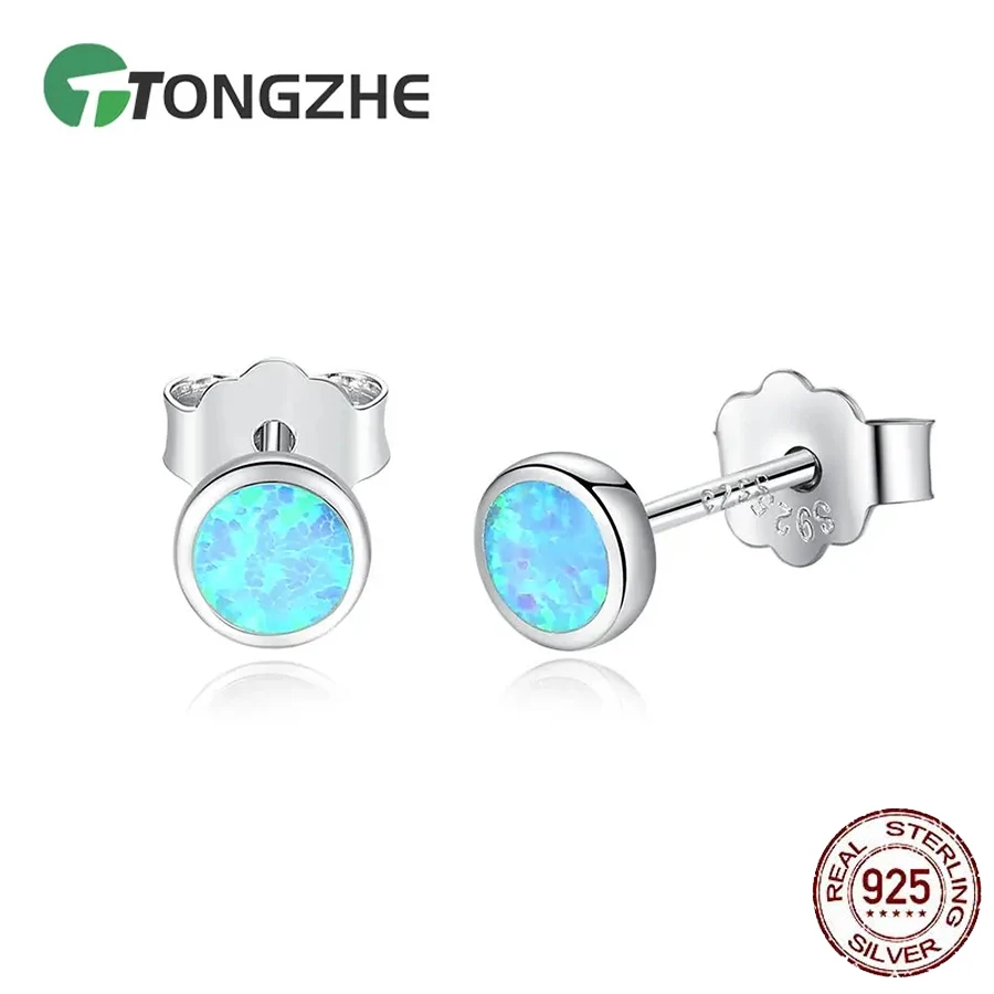 

TONGZHE Real 925 Sterling Silver Korean Earrings For Women Blue Opal Small Stud Earrings Fashion Jewelry Gift For Girl