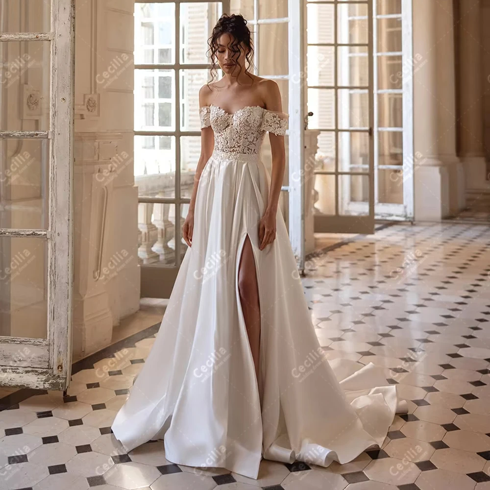 Glamorous Wedding Dresses Satin Bridal Gowns Off The Shoulder Robes Backless Sexy High Slit Dress Customized Vestidos De Novia