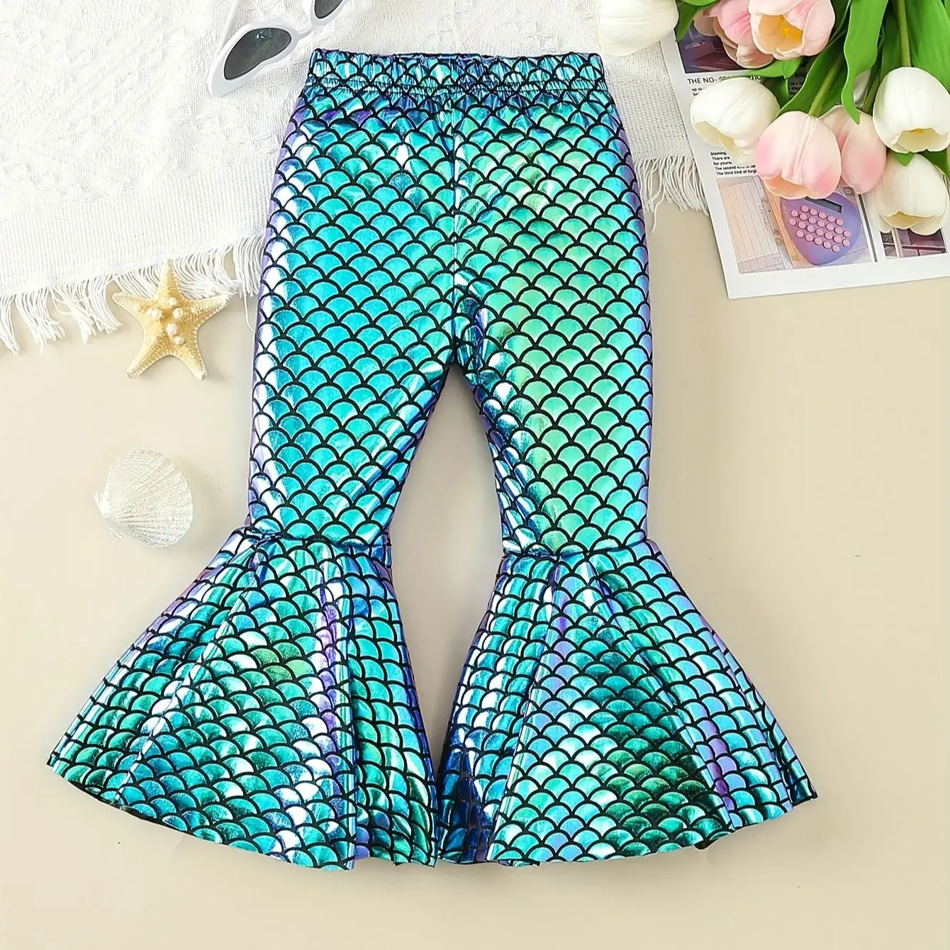 Autumn Spring Baby Girls Pants Cute  Mermaid Fish Scale Print Fashion  Flared Pants  Leather Pants  Baby  Clothes