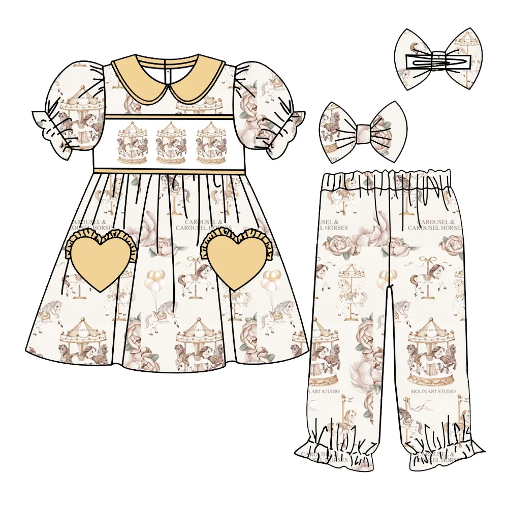 New design girls boys style pajamas series suit carousel pattern milk silk fabric