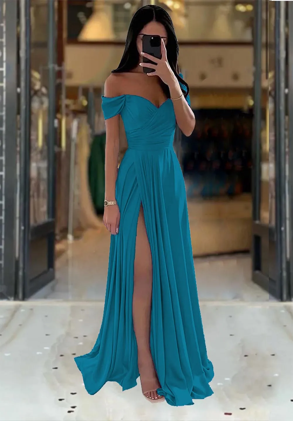 Women's Off The Shoulder Bridesmaid Dresses for Wedding Side Slit Pleated Satin Prom Dress A-Line Long Evening Gowns Vestidos