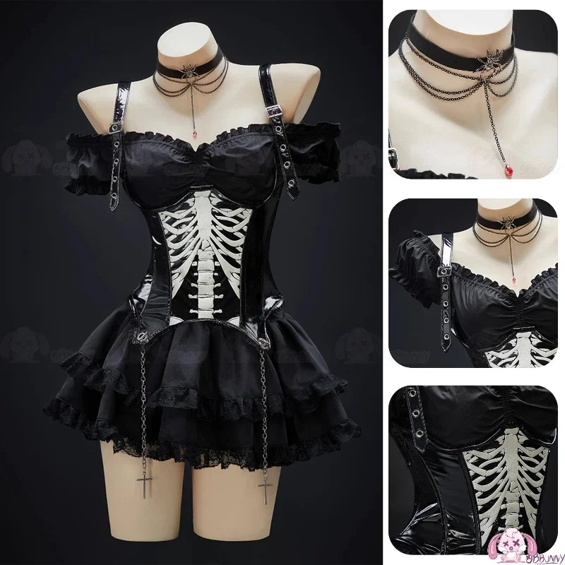 هالوين القوطية الظلام الحلو نفخة كم المرأة الأعلى التصميم الأصلي الدانتيل الربط تنورة لوليتا الشرير مشد للخصر مجموعة Ladies2025
