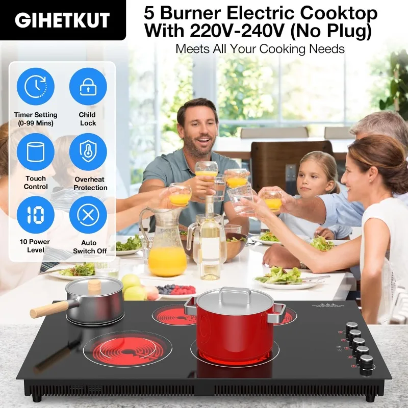 Cooktop elétrico de 36 polegadas, 36 polegadas, cooktop elétrico, 9200w embutido e bancada de 36 polegadas com 9 níveis de energia, bloqueio de segurança infantil