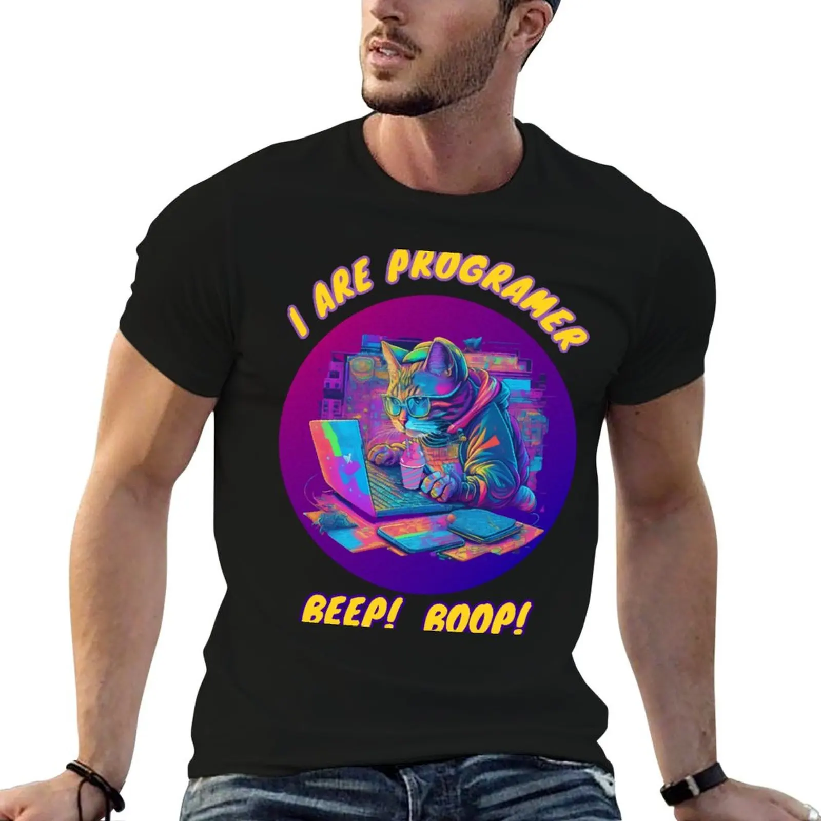 

programmer cat beep boop coding T-Shirt Anime t-shirt anime stuff sweat cute tops Men's t-shirt