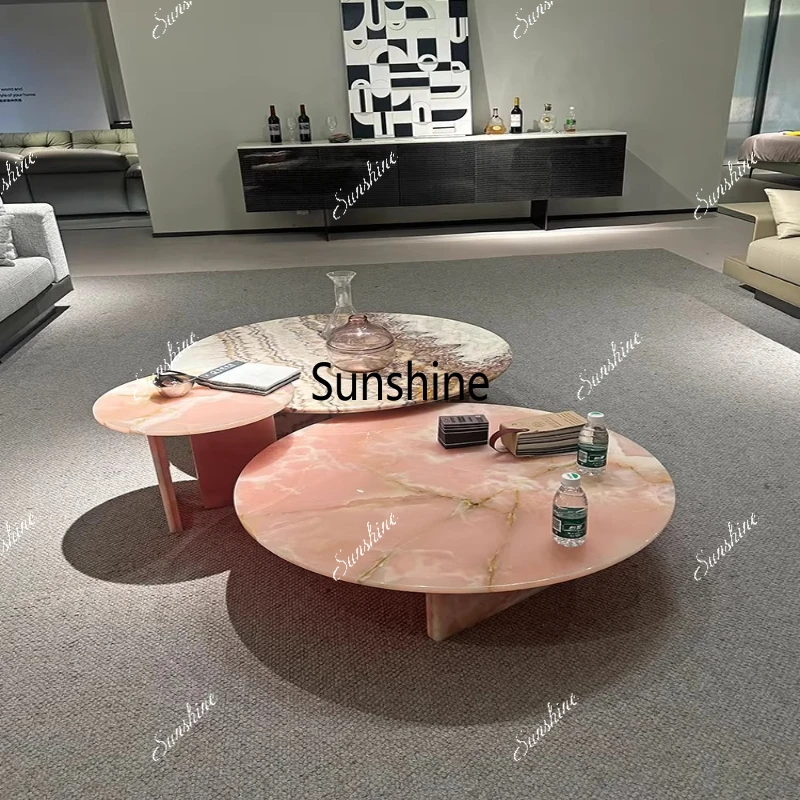 

Italian style, coffee table, living room round light luxury Italian minimalist design, fish belly gold luxury stone