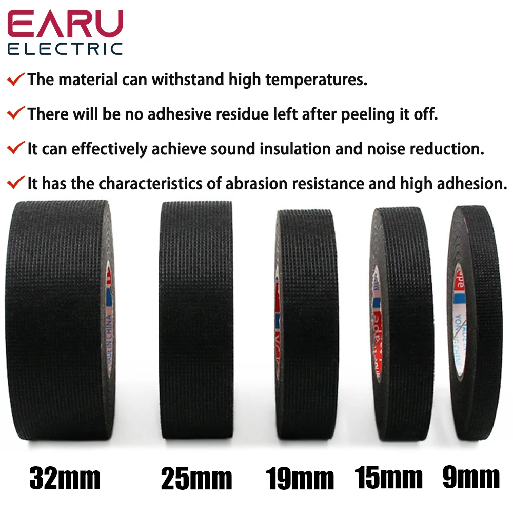 1pc Heat-resistant Adhesive Cloth Fabric Tape For Car Auto Cable Harness Wiring Loom Protection Width 9/15/19/25/32MM Length 15M