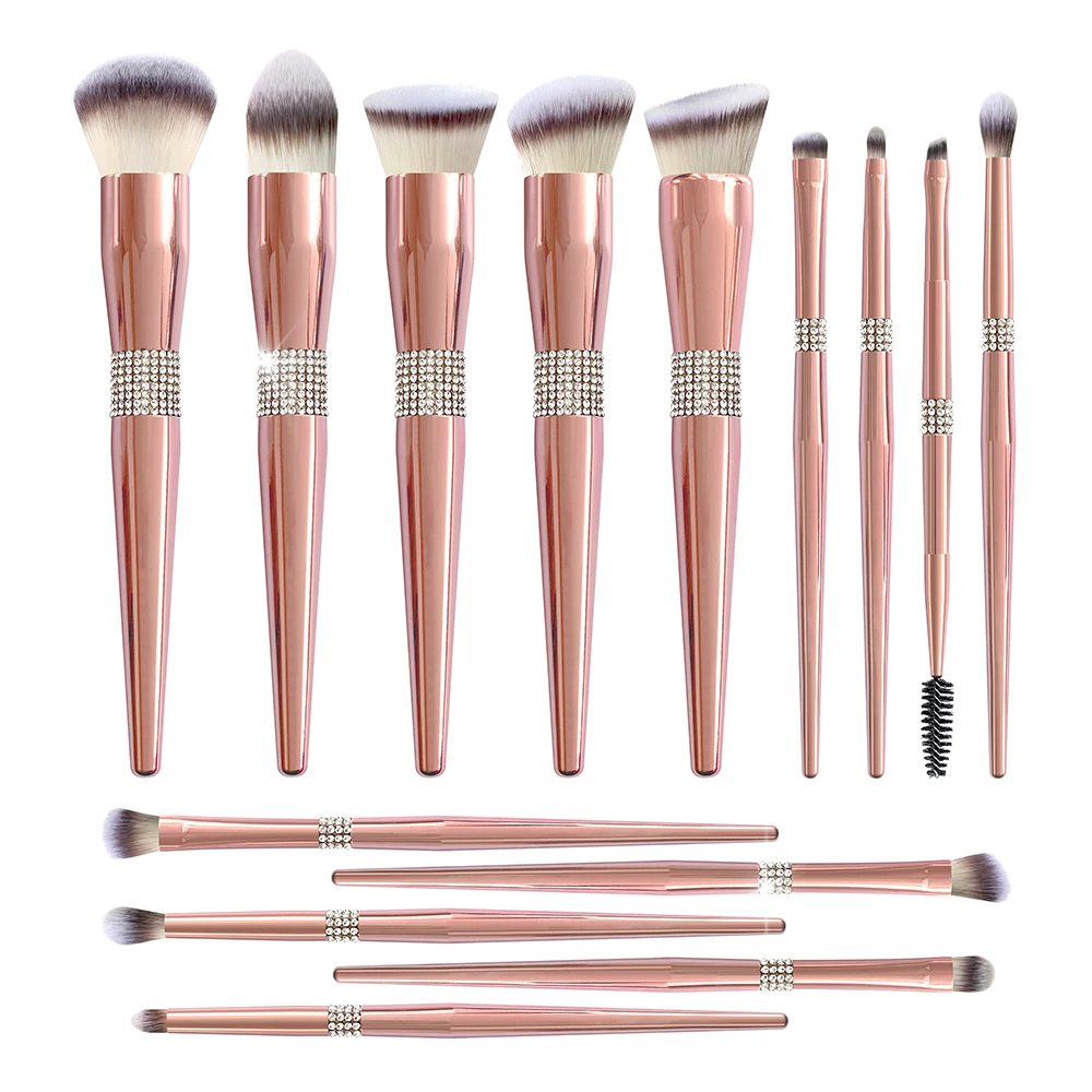 New 14 Pcs Luxury Rose Gold Bling Rhinestone Makeup Brushes Set Glitter Diamond Vegan Makeup Brush Set With Rhinestone