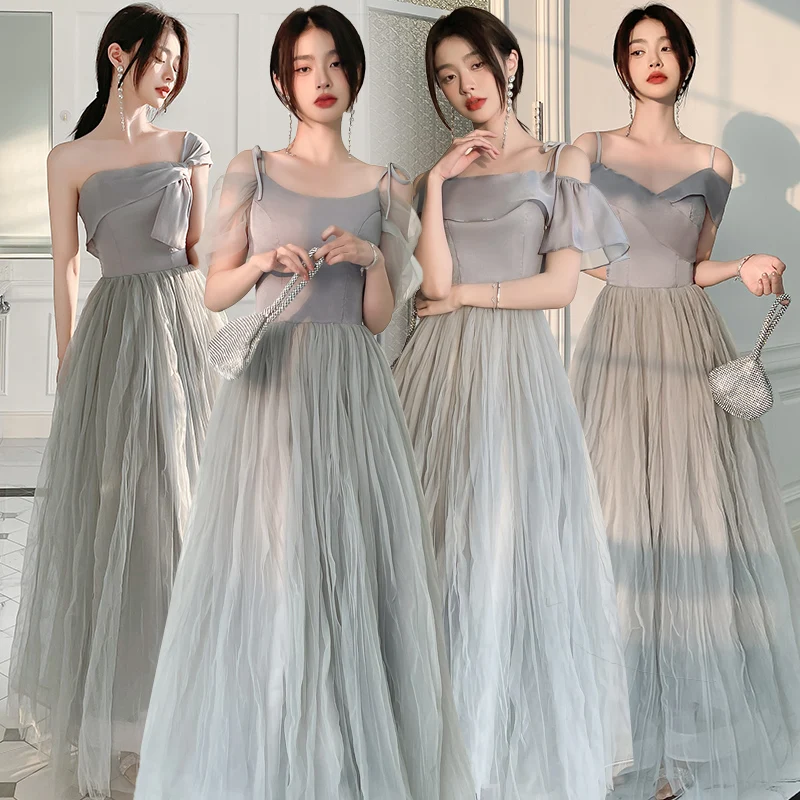 

Women's Grey Sling Bridesmaid Dress New Fairy Long Slim Sisters Group Wedding Dresses Female Sleeveless Solid Evening Dress