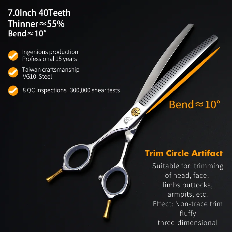 Crane 7.0 Inch 40 Teeth Professional Left Hand Dog Grooming Shears Curved Thinning Scissors For Dog Face Body Cutiing JP VG10