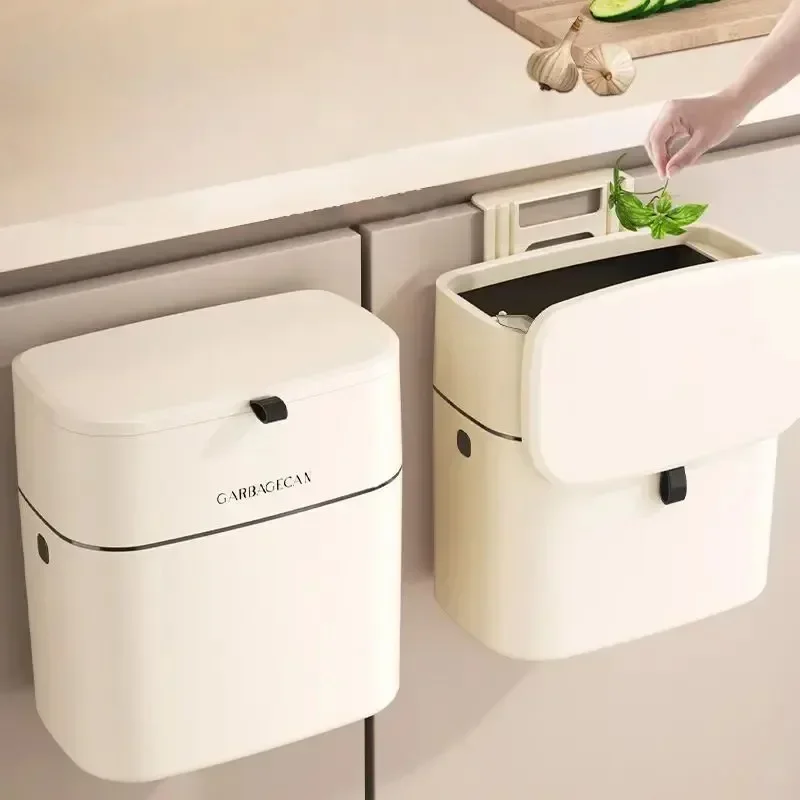 Kitchen Trash Can 10L Wall Mounted Hanging Trash Bin With Lid Garbage Can for Cabinet Under Door Sink Waste Garbage Compost Bin