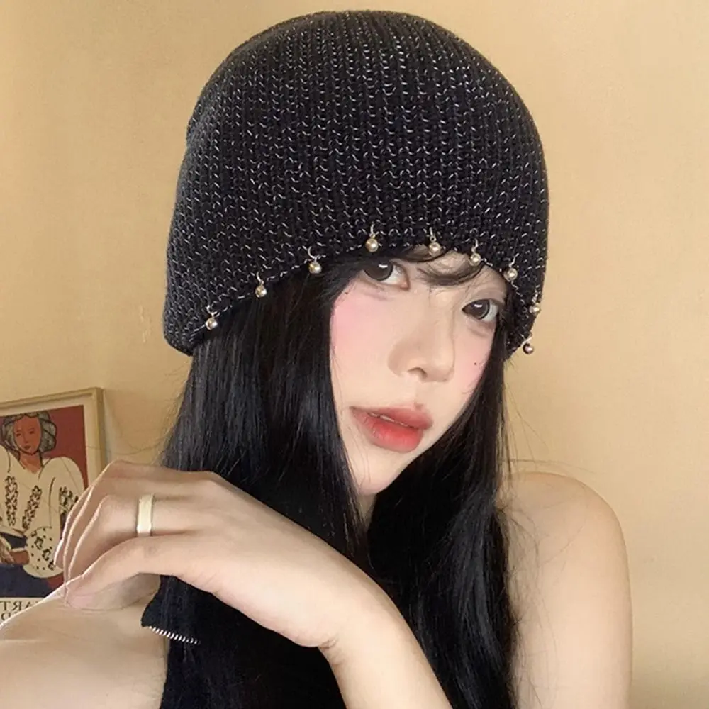 Casual Nail Beads Decorative Beanies Black Wool Hat Sequin Knitted Hat Warm Cap Jennie Style Knit Cap Outdoor