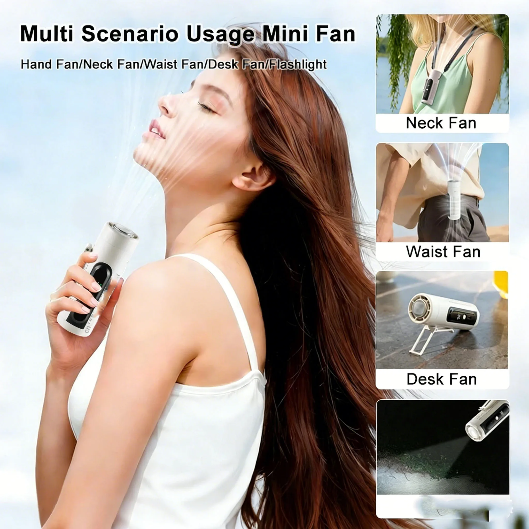3 In 1 Portable Waist Hanging Neck Handheld Fan Bladeless 5 Level Turbo Ice Cooling USB Rechargeable For Outdoor Travel Camping
